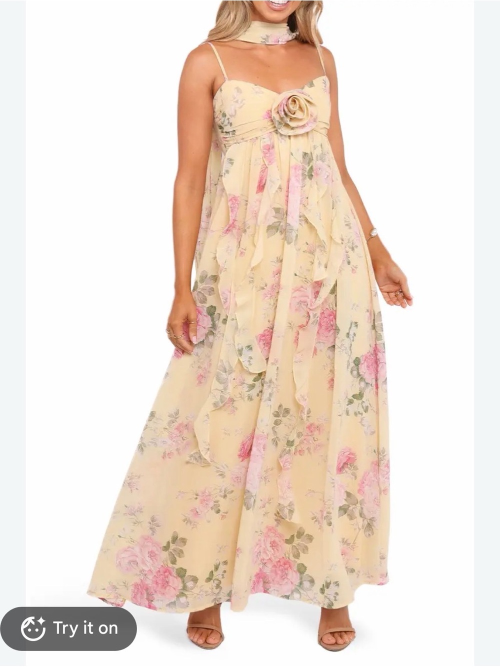 Petal + Pup Floral Chiffon Maxi Dress in Pale Yellow